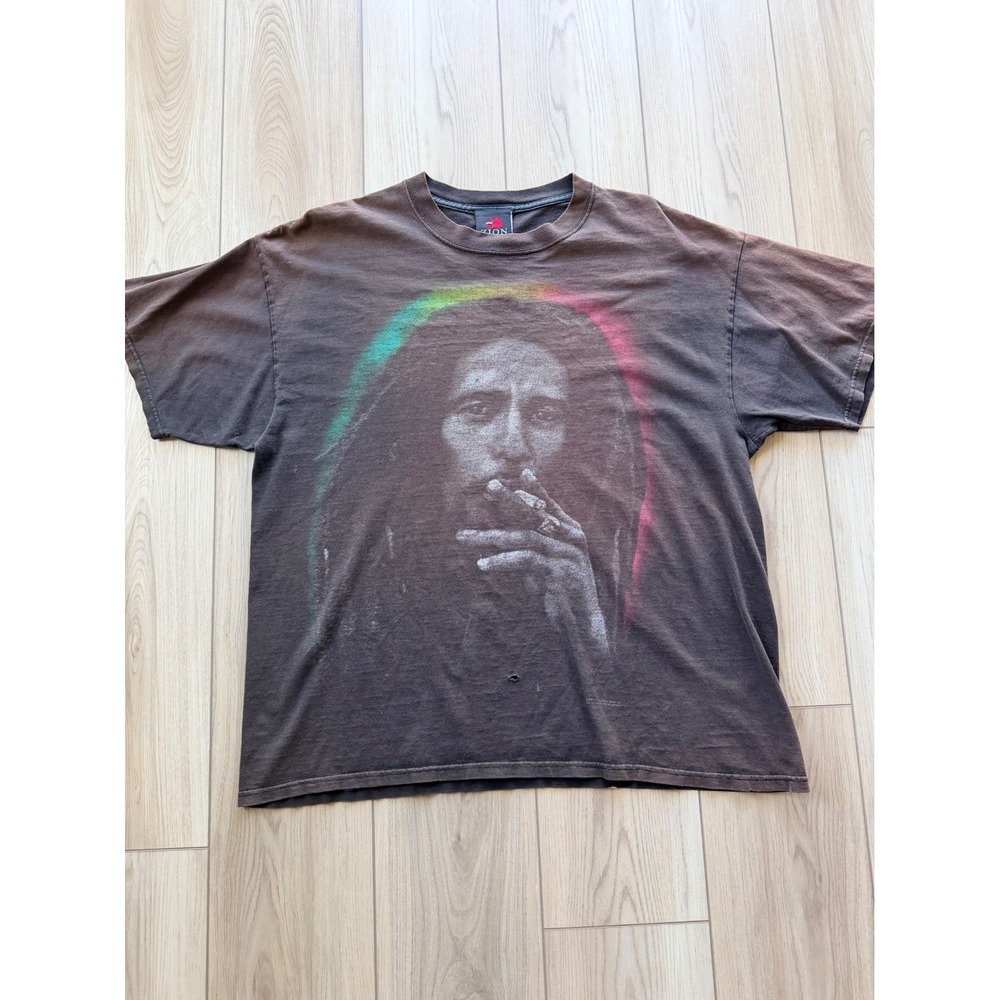 Vintage Zion Bob Marley T-Shirt Mens 1X Brown Rasta Graphic Distressed Tee